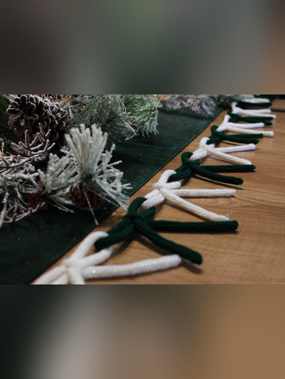 Handmade Knitted Holiday Bow Garland- 6 Ft- Green & Sparkly White